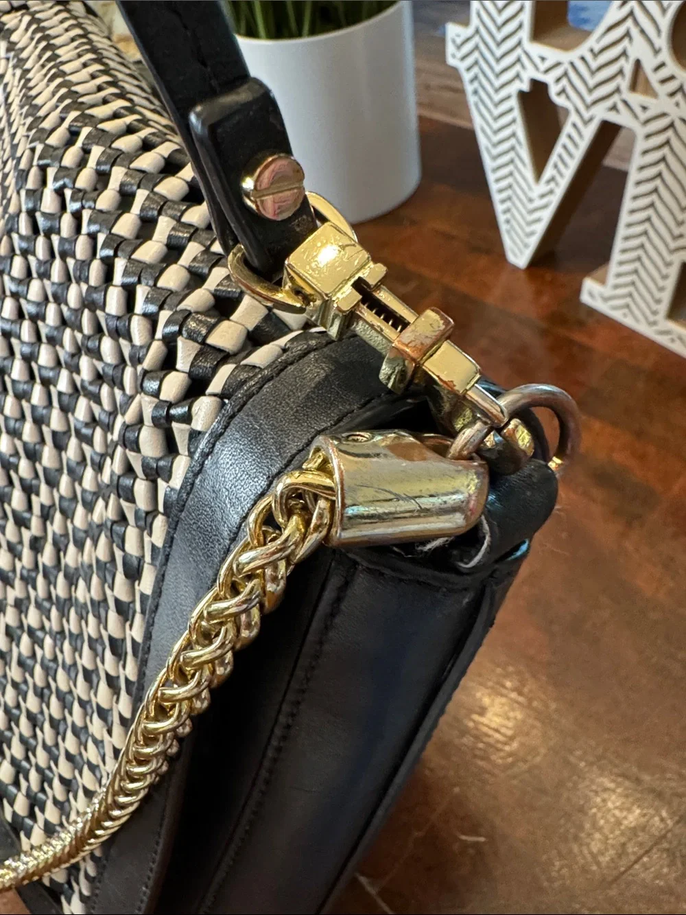 Tory Burch Black & White Woven Crossbody with Gold Chain